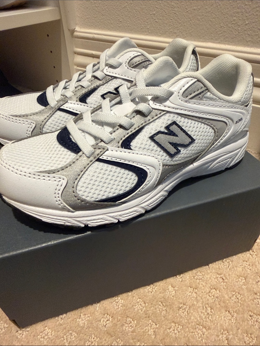 New Balance Kids White and Navy Running Sneakers